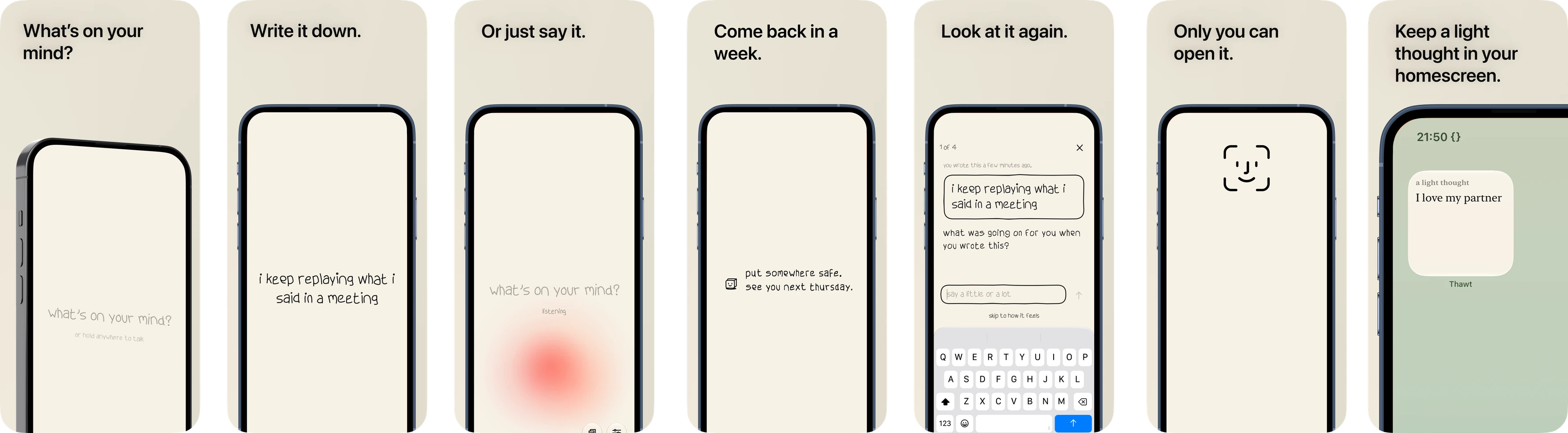 Thawt App Store screenshots showing writing or saying a thought, the one week wait, a guided reflection, Face ID lock, and the Home Screen widget