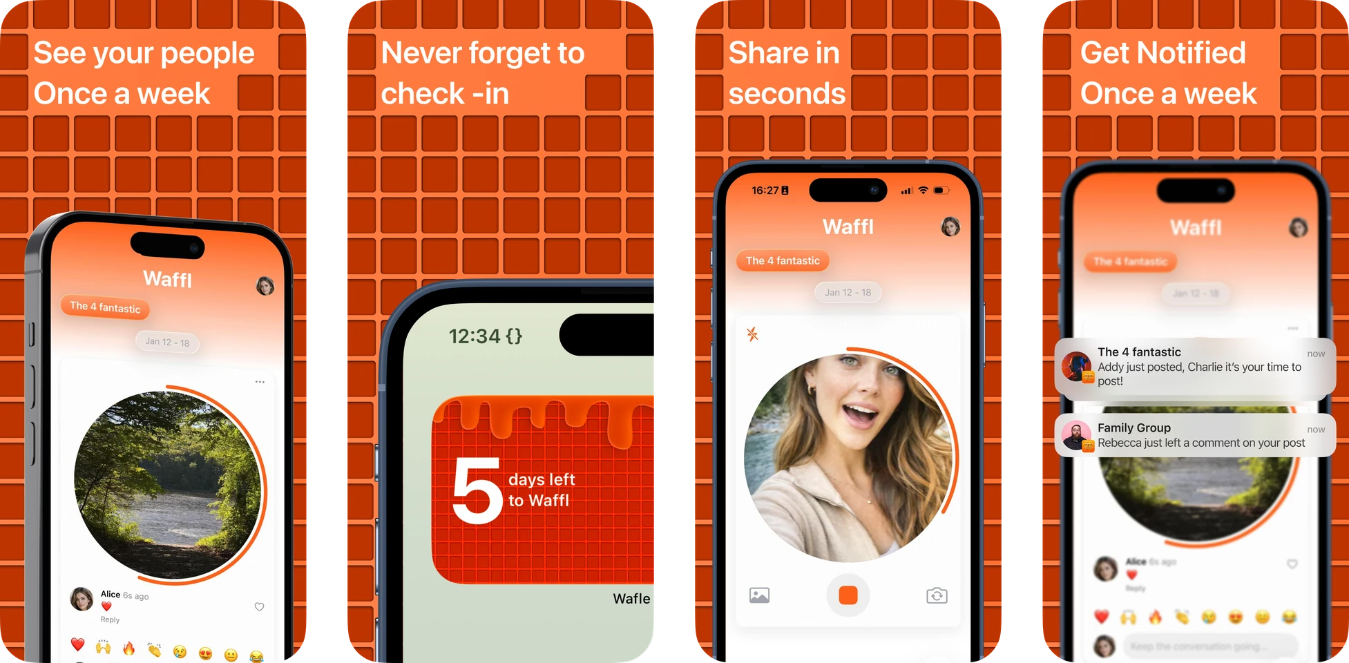 Waffl App Store screenshots showing a weekly group feed, the days left widget, recording a video, and group notifications